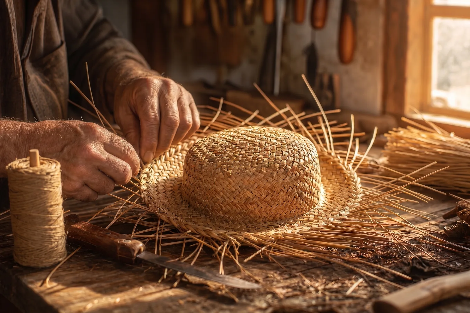 Mani di artigiano che intrecciano la paglia